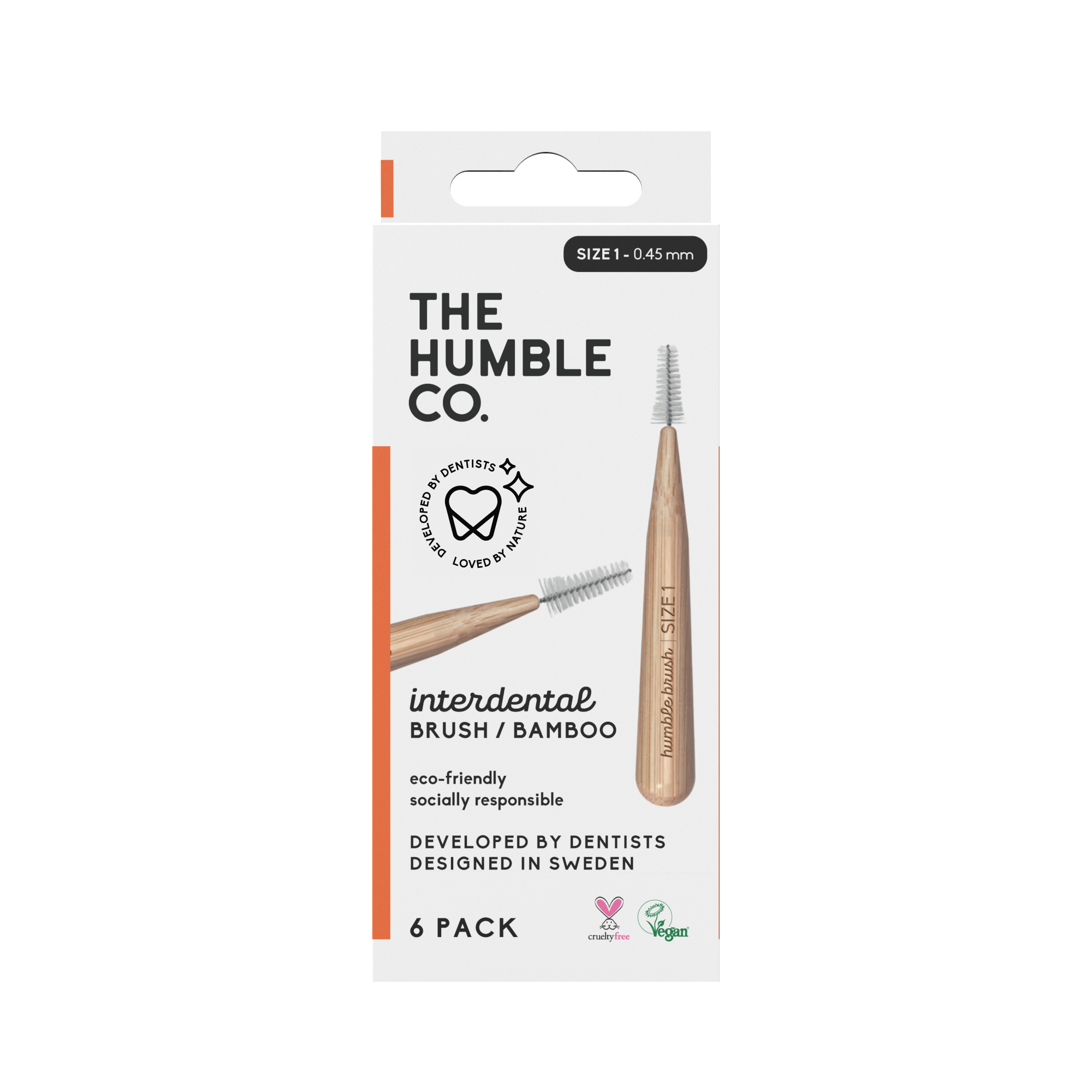 The Humble Co. bambukinis tarpdančių šepetėlis, 0,45 mm (dydis 1), oranžinis