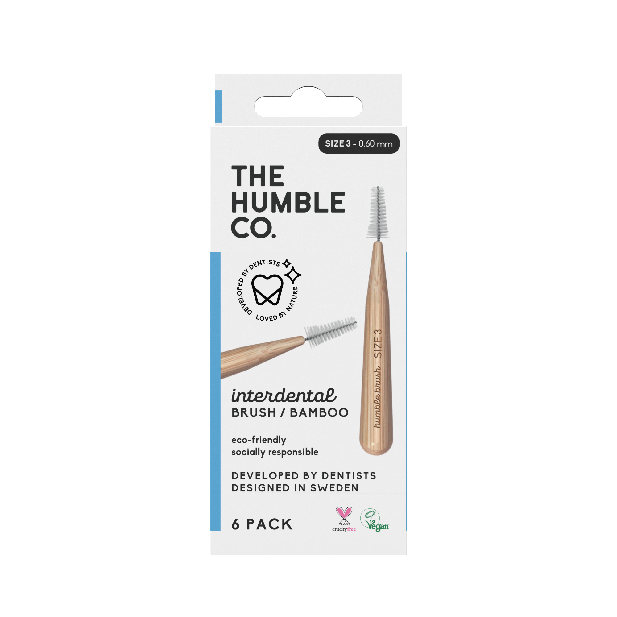 The Humble Co. bambukinis tarpdančių šepetėlis, 0,60 mm (dydis 3), mėlynas