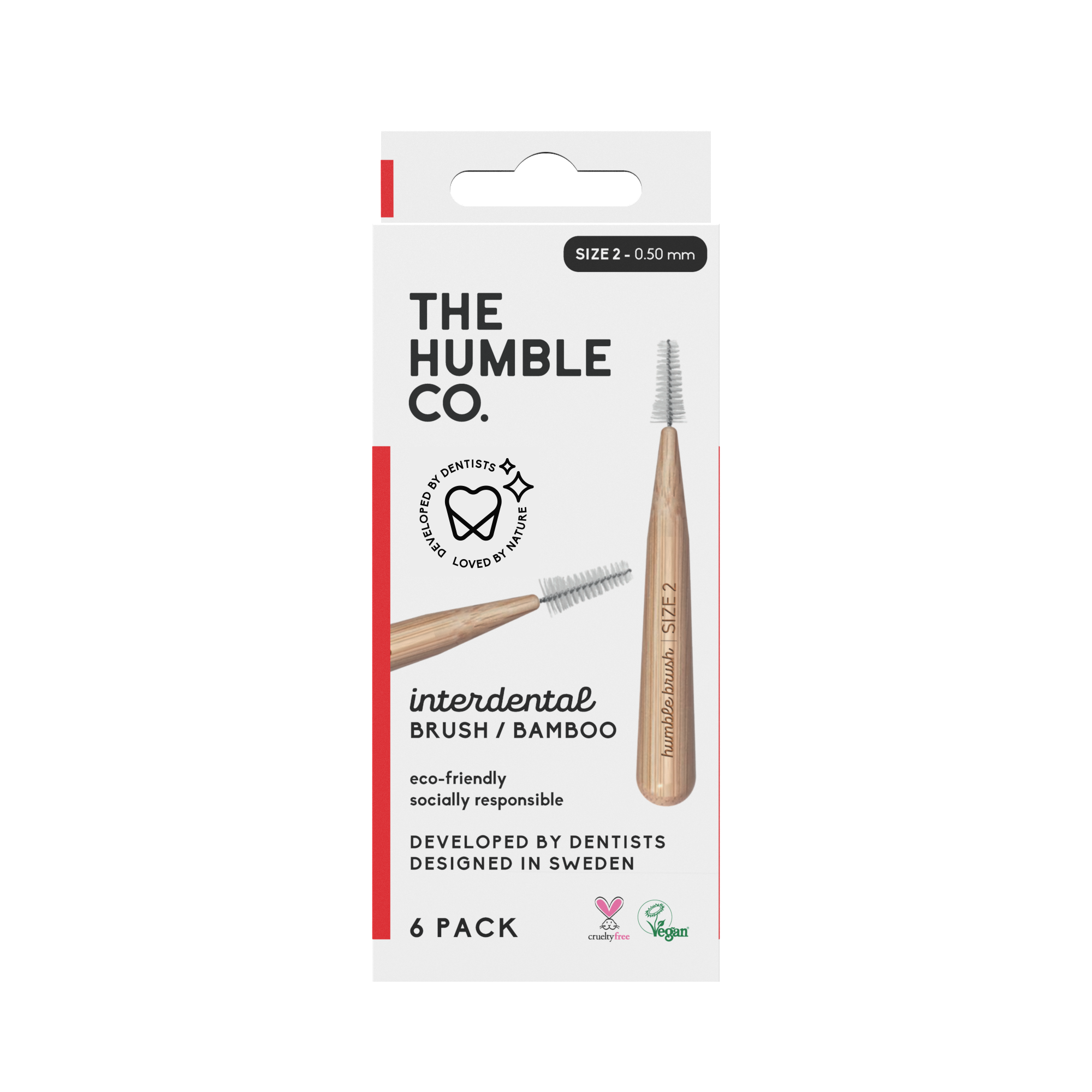 The Humble Co. bambukinis tarpdančių šepetėlis, 0,50 mm (dydis 2), raudonas